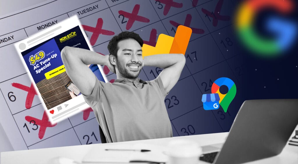 Man comfortably using laptop with several booked services and digital SEO symbols